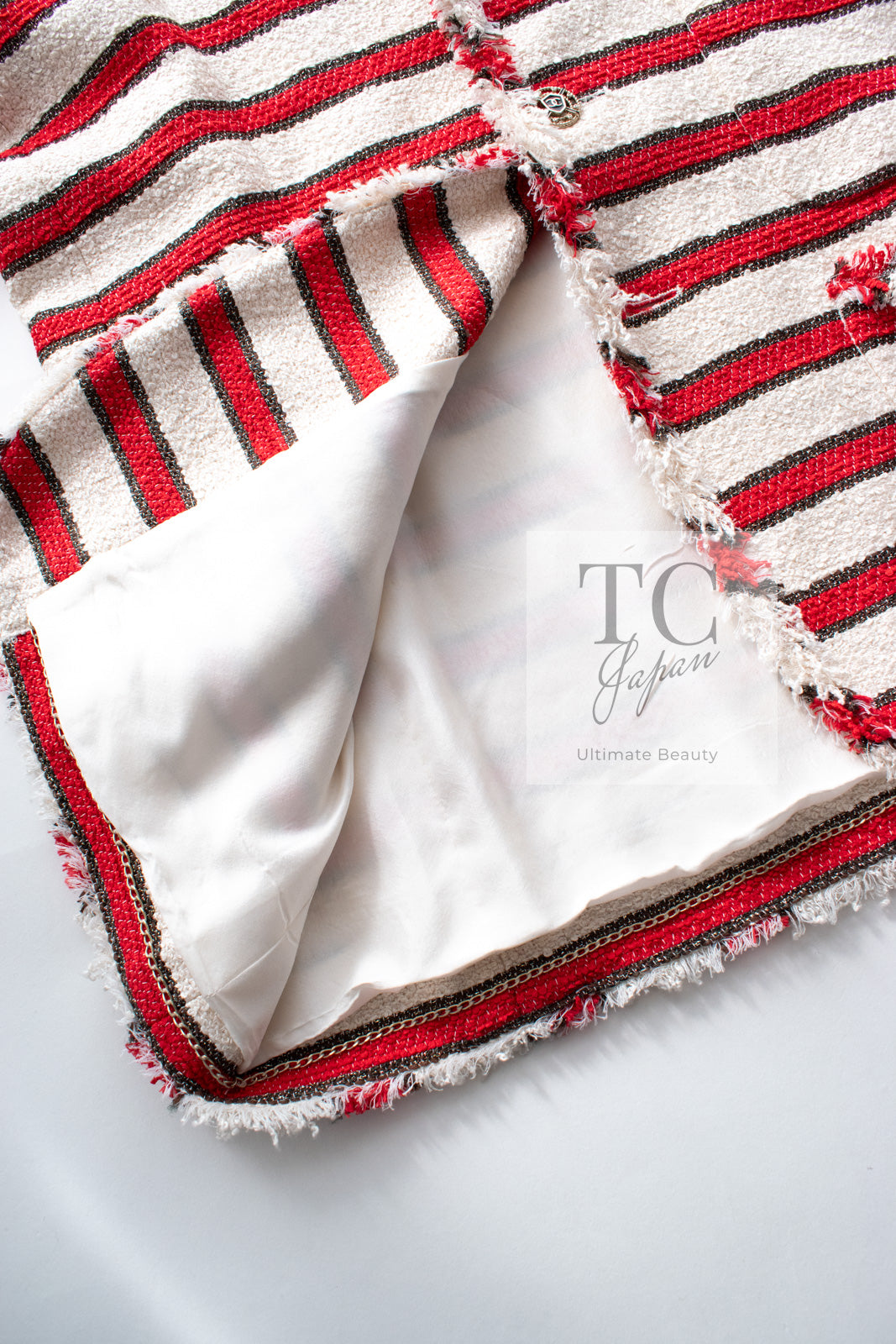CHANEL 08S White Red Silk Cotton Stripe Border Jacket 50 シャネル ホワイト レッド シルク コットン ストライプ ボーダー ジャケット 即発