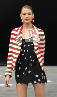CHANEL 08S White Red Silk Cotton Stripe Border Jacket 50 シャネル ホワイト レッド シルク コットン ストライプ ボーダー ジャケット 即発