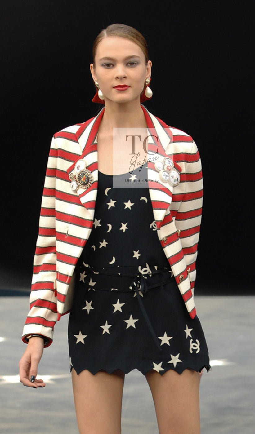CHANEL 08S White Red Silk Cotton Stripe Border Jacket 50 シャネル ホワイト レッド シルク コットン ストライプ ボーダー ジャケット 即発