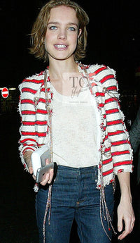 CHANEL 08S White Red Silk Cotton Stripe Border Jacket 50 シャネル ホワイト レッド シルク コットン ストライプ ボーダー ジャケット 即発