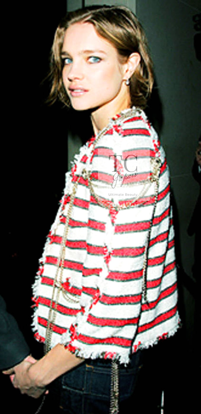 CHANEL 08S White Red Silk Cotton Stripe Border Jacket 50 シャネル ホワイト レッド シルク コットン ストライプ ボーダー ジャケット 即発