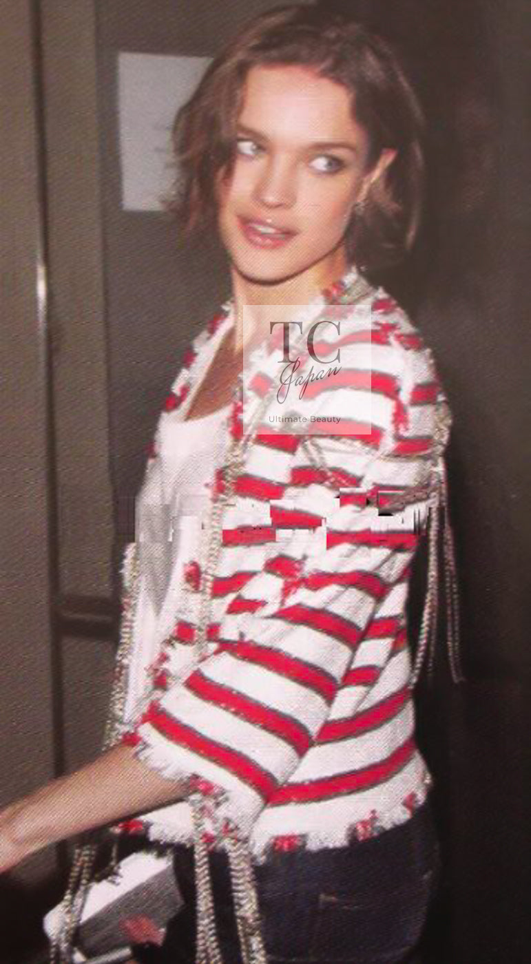 CHANEL 08S White Red Silk Cotton Stripe Border Jacket 50 シャネル ホワイト レッド シルク コットン ストライプ ボーダー ジャケット 即発