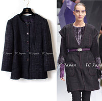 CHANEL 12A Black Purple Gripox Buttons Cotton Tweed Jacket 34 シャネル ブラック パープル グリポワ宝石 ボタン コットン ツイード ジャケット 即発