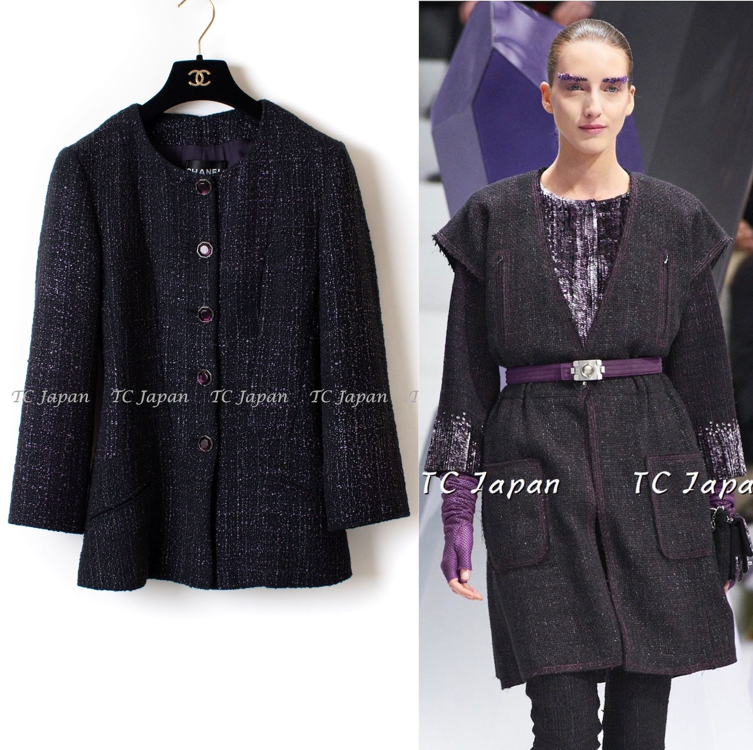 CHANEL 12A Black Purple Gripox Buttons Cotton Tweed Jacket 34 シャネル ブラック パープル グリポワ宝石 ボタン コットン ツイード ジャケット 即発