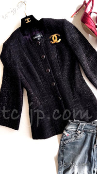 CHANEL 12A Black Purple Gripox Buttons Cotton Tweed Jacket 34 シャネル ブラック パープル グリポワ宝石 ボタン コットン ツイード ジャケット 即発