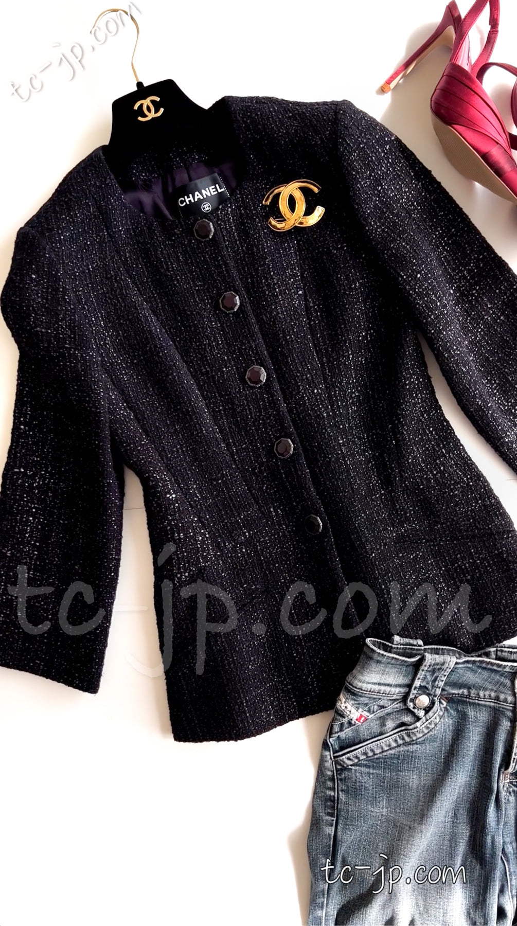 CHANEL 12A Black Purple Gripox Buttons Cotton Tweed Jacket 34 シャネル ブラック パープル グリポワ宝石 ボタン コットン ツイード ジャケット 即発