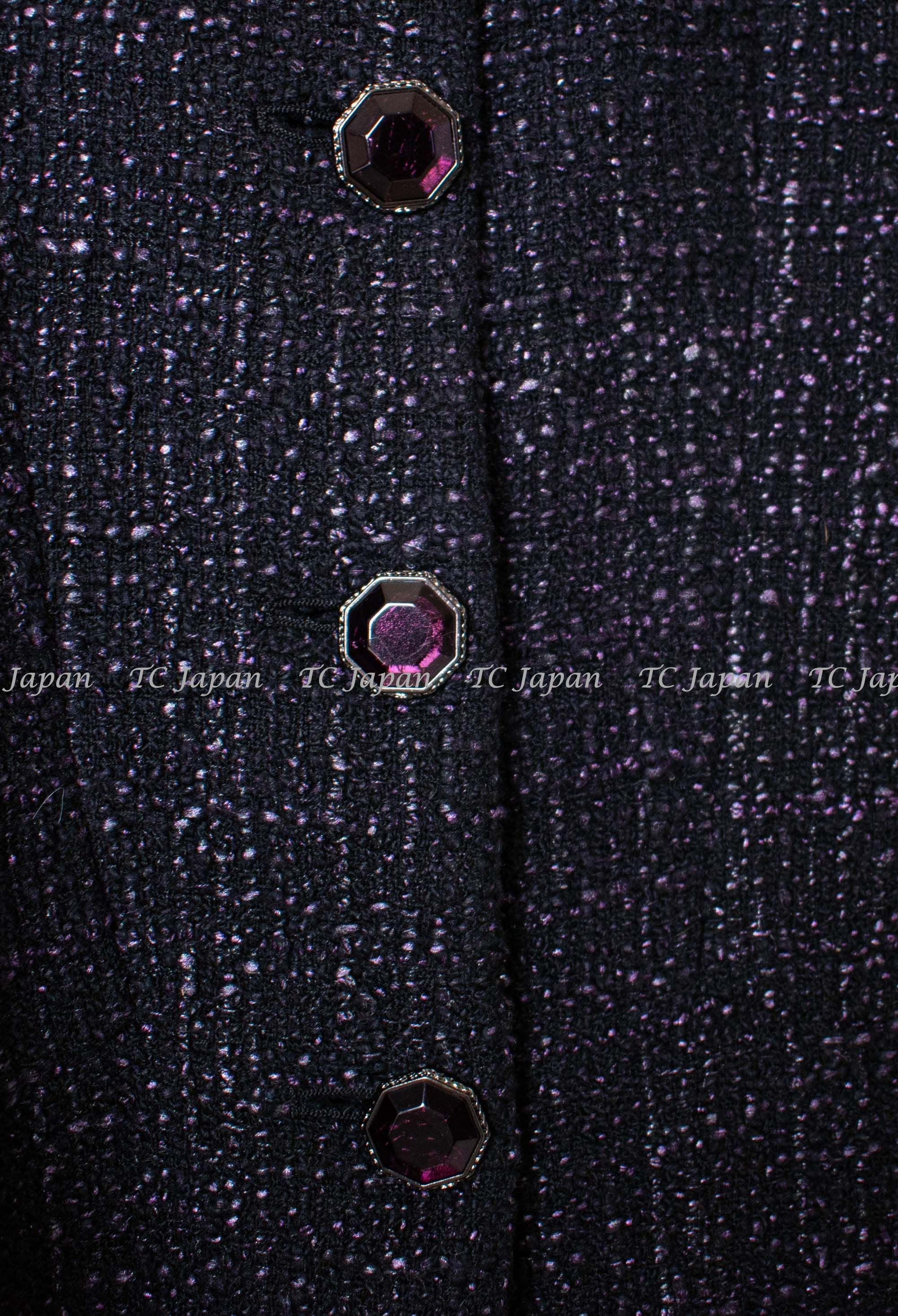 CHANEL 12A Black Purple Gripox Buttons Cotton Tweed Jacket 34 シャネル ブラック パープル グリポワ宝石 ボタン コットン ツイード ジャケット 即発