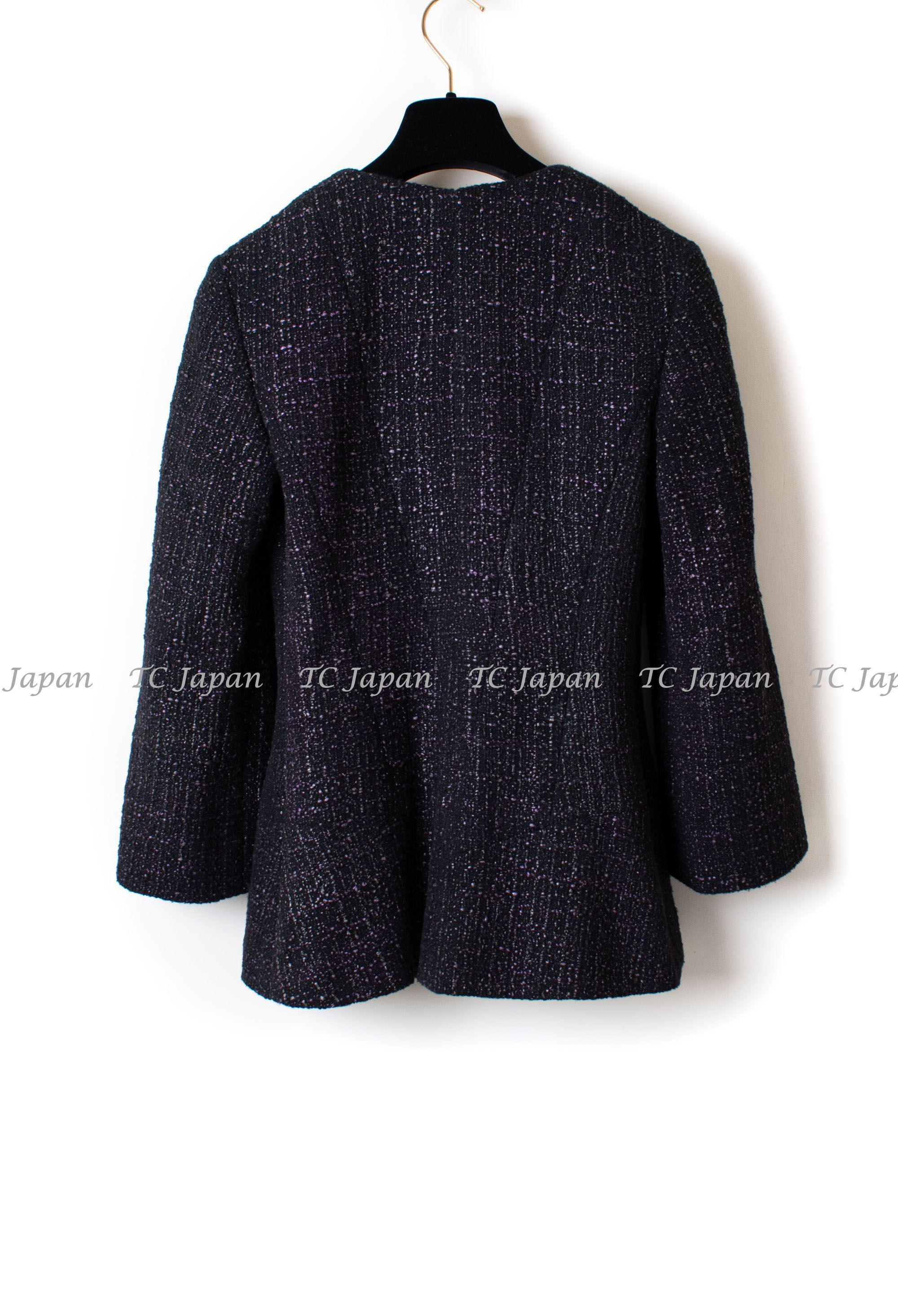 CHANEL 12A Black Purple Gripox Buttons Cotton Tweed Jacket 34 シャネル ブラック パープル グリポワ宝石 ボタン コットン ツイード ジャケット 即発