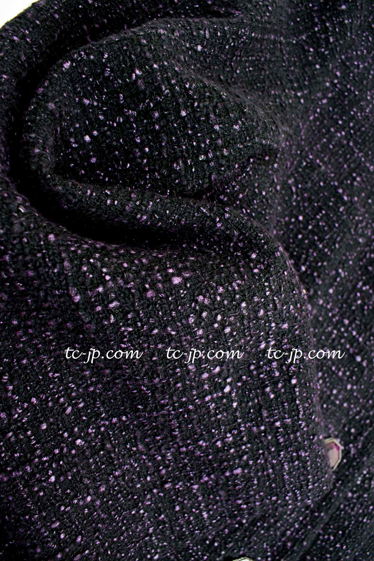 CHANEL 12A Black Purple Gripox Buttons Cotton Tweed Jacket 34 シャネル ブラック パープル グリポワ宝石 ボタン コットン ツイード ジャケット 即発