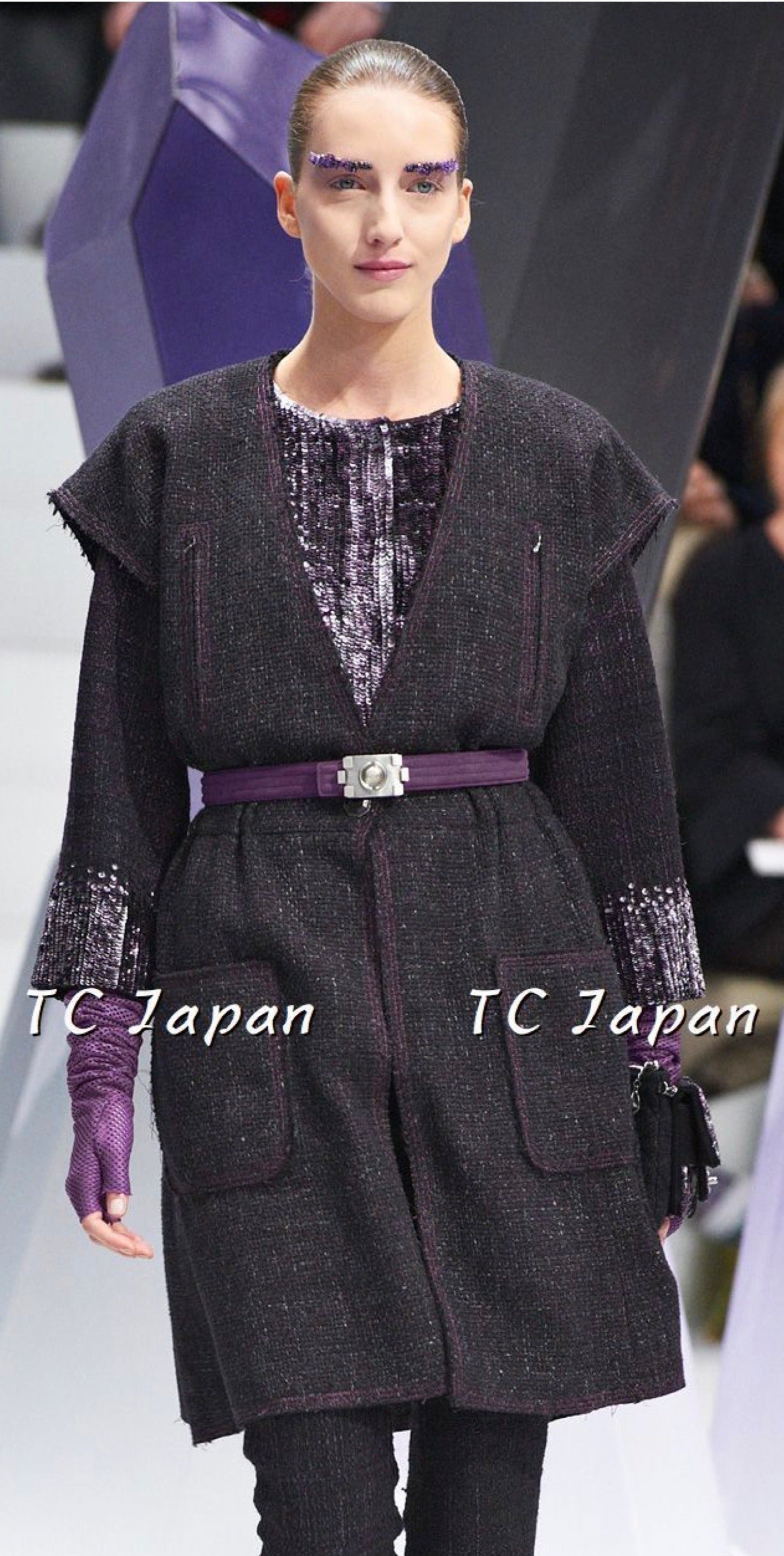 CHANEL 12A Black Purple Gripox Buttons Cotton Tweed Jacket 34 シャネル ブラック パープル グリポワ宝石 ボタン コットン ツイード ジャケット 即発