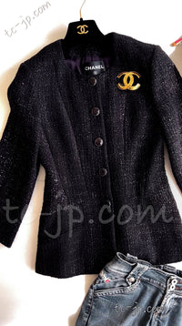 CHANEL 12A Black Purple Gripox Buttons Cotton Tweed Jacket 34 シャネル ブラック パープル グリポワ宝石 ボタン コットン ツイード ジャケット 即発