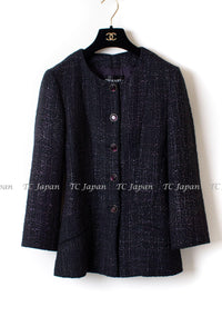 CHANEL 12A Black Purple Gripox Buttons Cotton Tweed Jacket 34 シャネル ブラック パープル グリポワ宝石 ボタン コットン ツイード ジャケット 即発