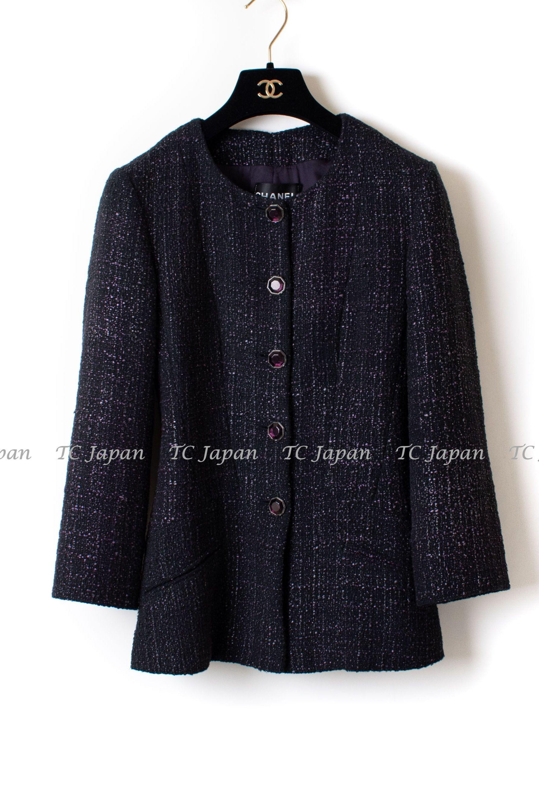 CHANEL 12A Black Purple Gripox Buttons Cotton Tweed Jacket 34 シャネル ブラック パープル グリポワ宝石 ボタン コットン ツイード ジャケット 即発