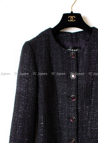 CHANEL 12A Black Purple Gripox Buttons Cotton Tweed Jacket 34 シャネル ブラック パープル グリポワ宝石 ボタン コットン ツイード ジャケット 即発