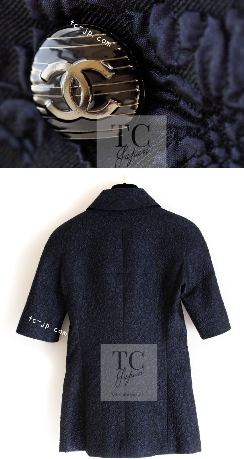 CHANEL 14C Dark Navy Black Camellia Silk Double Jacket 34 シャネル ダークネイビー ブラック カメリア シルク ダブル ジャケット 即発