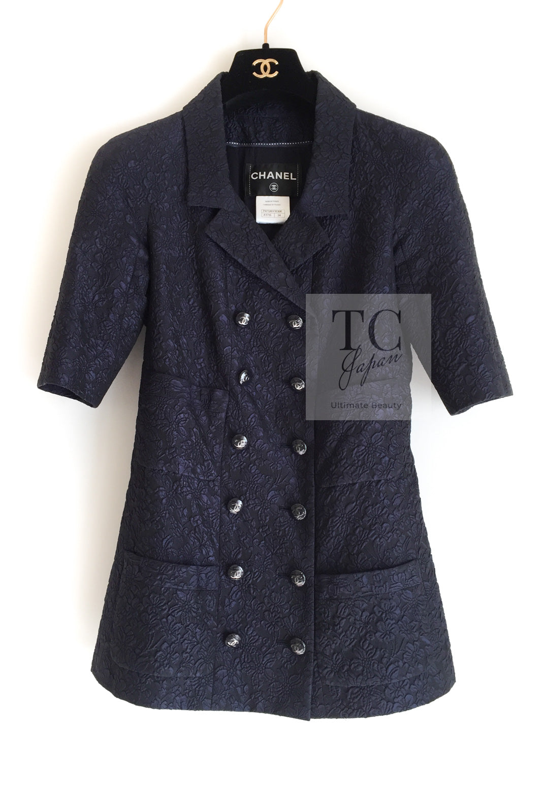 CHANEL 14C Dark Navy Black Camellia Silk Double Jacket 34 シャネル ダークネイビー ブラック カメリア シルク ダブル ジャケット 即発