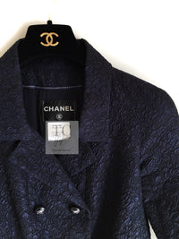 CHANEL 14C Dark Navy Black Camellia Silk Double Jacket 34 シャネル ダークネイビー ブラック カメリア シルク ダブル ジャケット 即発