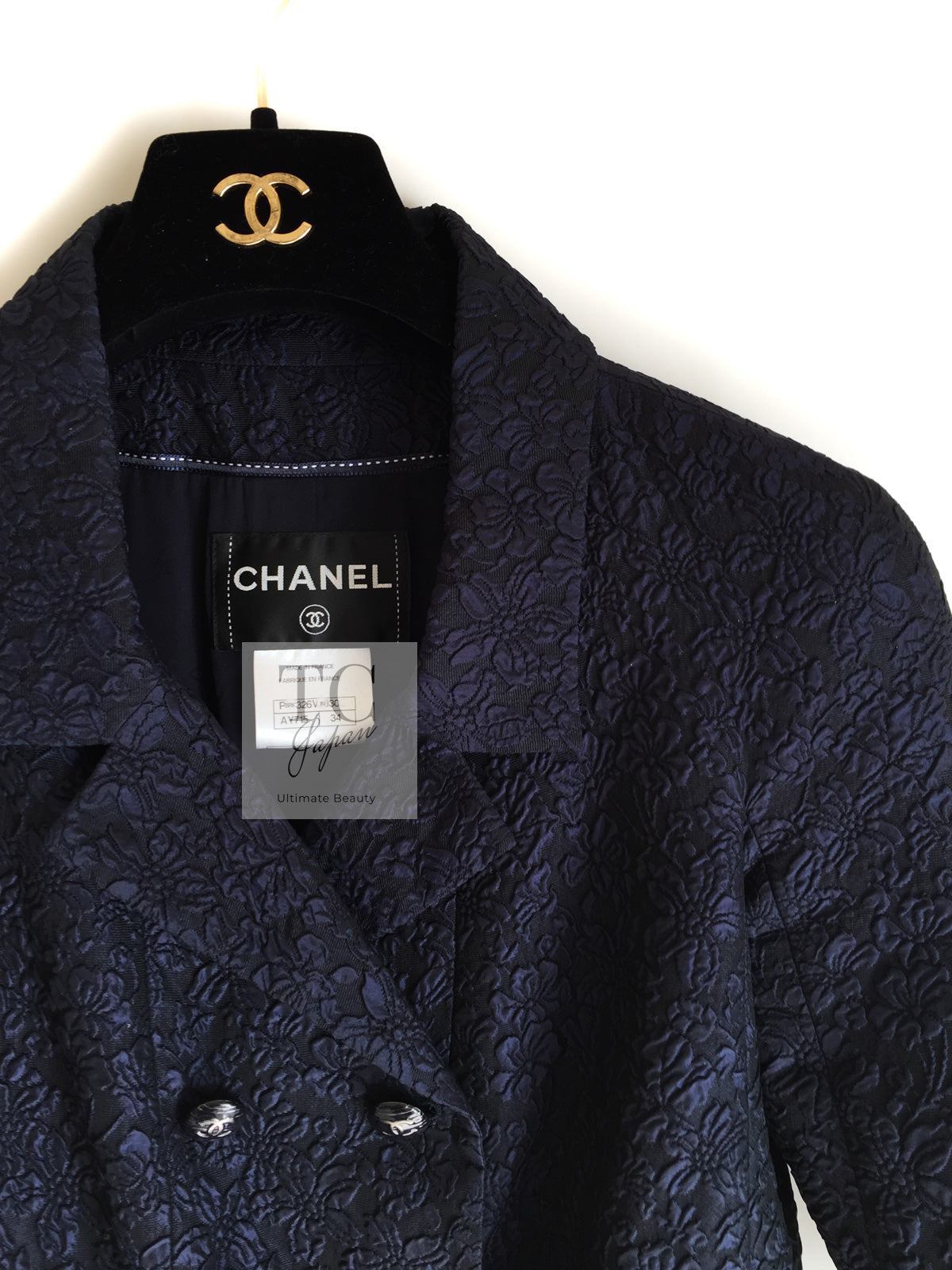CHANEL 14C Dark Navy Black Camellia Silk Double Jacket 34 シャネル ダークネイビー ブラック カメリア シルク ダブル ジャケット 即発