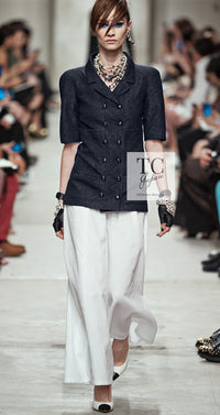 CHANEL 14C Dark Navy Black Camellia Silk Double Jacket 34 シャネル ダークネイビー ブラック カメリア シルク ダブル ジャケット 即発