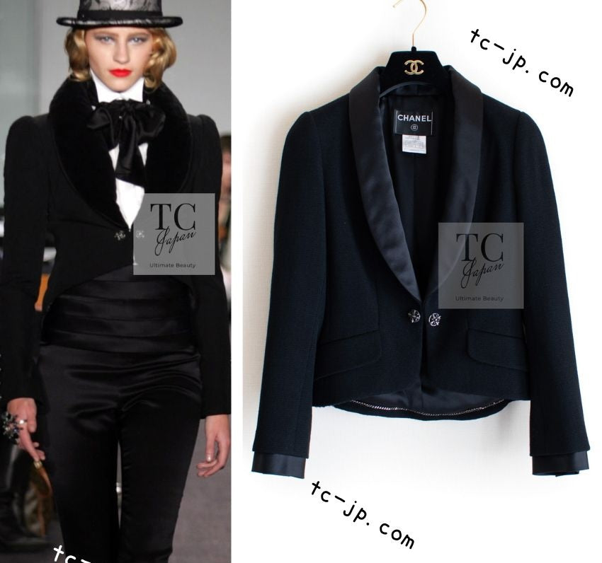 CHANEL 06PF Black Wool Silk Collar Gripoix Button Jacket 34 46 シャネル ブラック ウール シルク襟 グリポア 宝石ボタン ジャケット 即発
