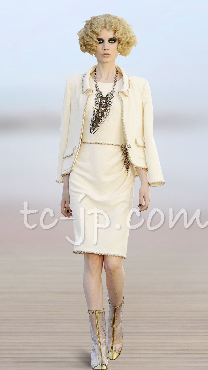 CHANEL 10C Ivory Cream Gold Line Trim Jacket 36 42 シャネル アイボリー クリーム ゴールド ライン トリム ジャケット 即発