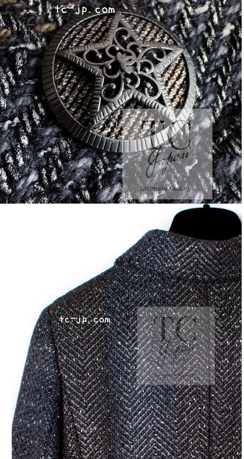 CHANEL 07PF Gray Silver Chevron Double Wool Tweed Jacket Coat 36 38 シャネル グレー シルバー シェブロン ダブル ウール ツイード ジャケット コート 即発