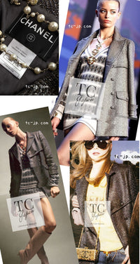 CHANEL 07PF Gray Silver Chevron Double Wool Tweed Jacket Coat 38 シャネル グレー シルバー シェブロン ダブル ウール ツイード ジャケット コート 即発