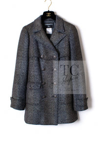 CHANEL 07PF Gray Silver Chevron Double Wool Tweed Jacket Coat 36 38 シャネル グレー シルバー シェブロン ダブル ウール ツイード ジャケット コート 即発