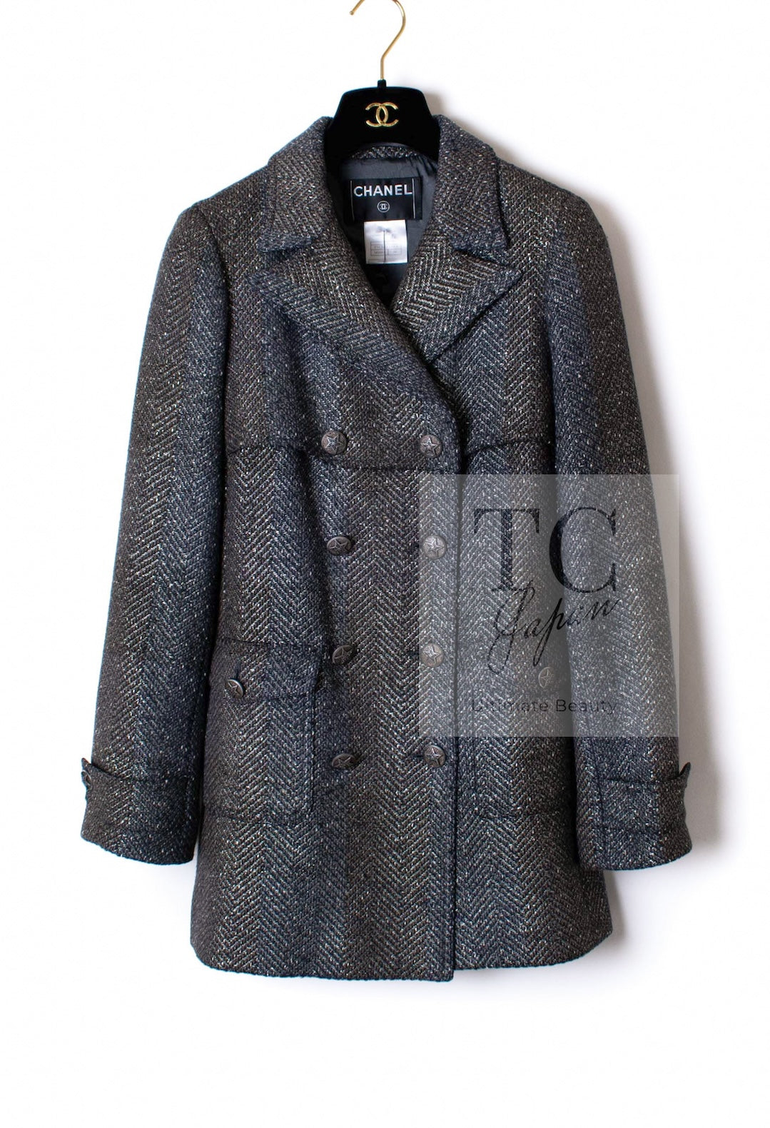 CHANEL 07PF Gray Silver Chevron Double Wool Tweed Jacket Coat 36 38 シャネル グレー シルバー シェブロン ダブル ウール ツイード ジャケット コート 即発