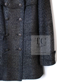 CHANEL 07PF Gray Silver Chevron Double Wool Tweed Jacket Coat 36 38 シャネル グレー シルバー シェブロン ダブル ウール ツイード ジャケット コート 即発