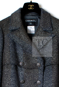 CHANEL 07PF Gray Silver Chevron Double Wool Tweed Jacket Coat 38 シャネル グレー シルバー シェブロン ダブル ウール ツイード ジャケット コート 即発