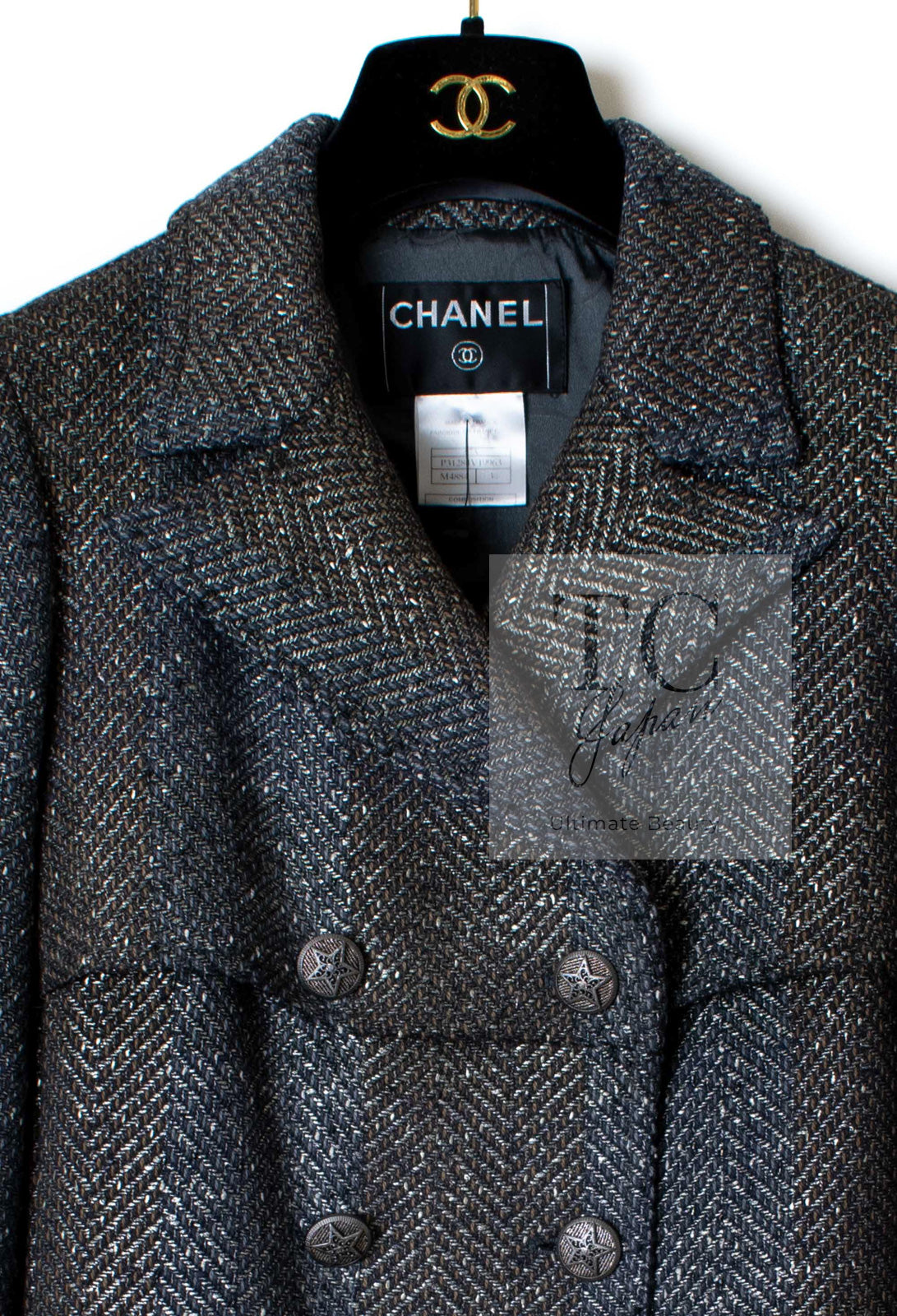 CHANEL 07PF Gray Silver Chevron Double Wool Tweed Jacket Coat 36 38 シャネル グレー シルバー シェブロン ダブル ウール ツイード ジャケット コート 即発