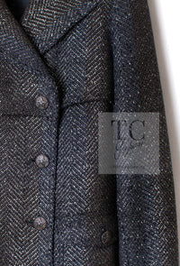 CHANEL 07PF Gray Silver Chevron Double Wool Tweed Jacket Coat 36 38 シャネル グレー シルバー シェブロン ダブル ウール ツイード ジャケット コート 即発