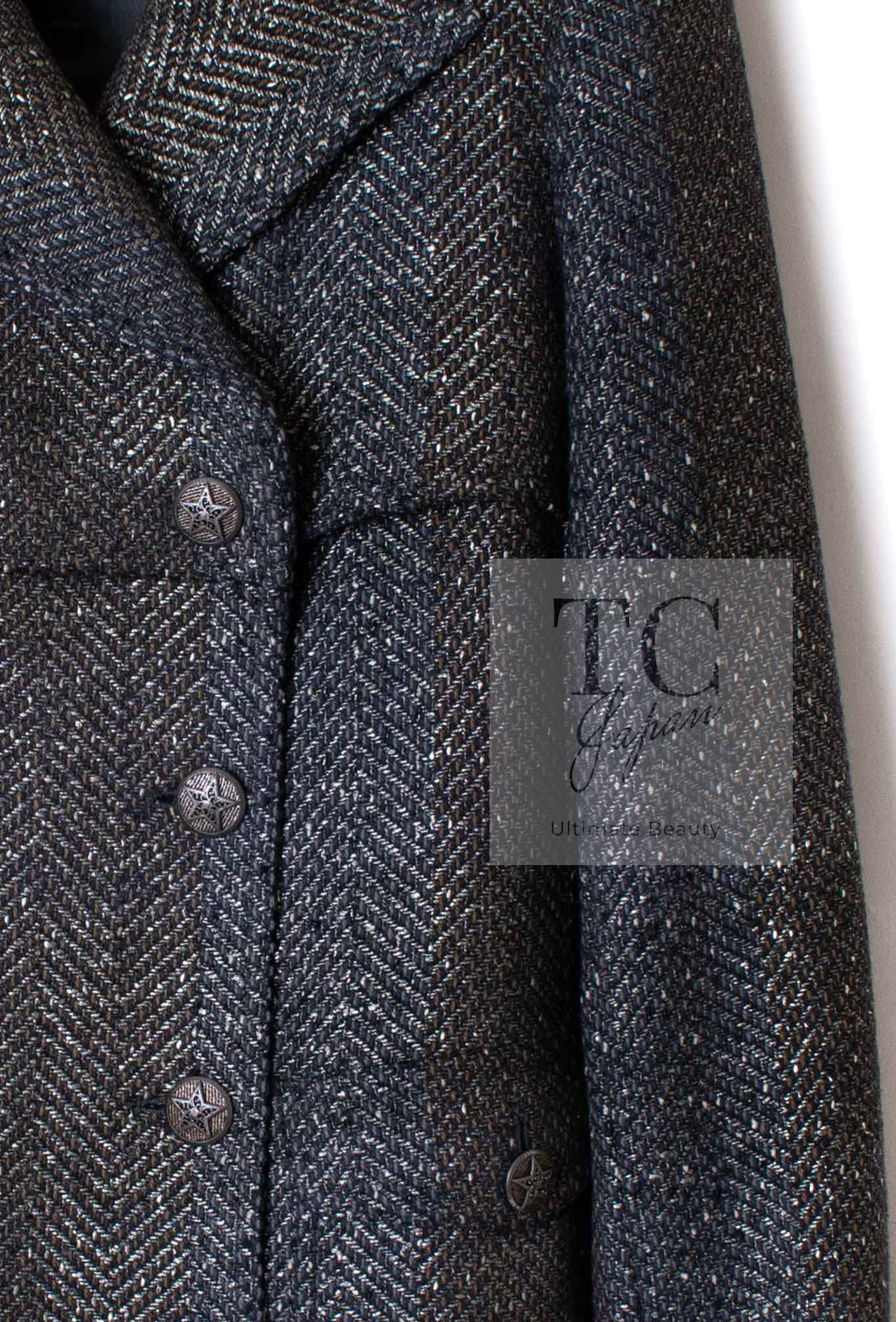 CHANEL 07PF Gray Silver Chevron Double Wool Tweed Jacket Coat 36 38 シャネル グレー シルバー シェブロン ダブル ウール ツイード ジャケット コート 即発