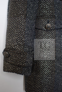 CHANEL 07PF Gray Silver Chevron Double Wool Tweed Jacket Coat 36 38 シャネル グレー シルバー シェブロン ダブル ウール ツイード ジャケット コート 即発