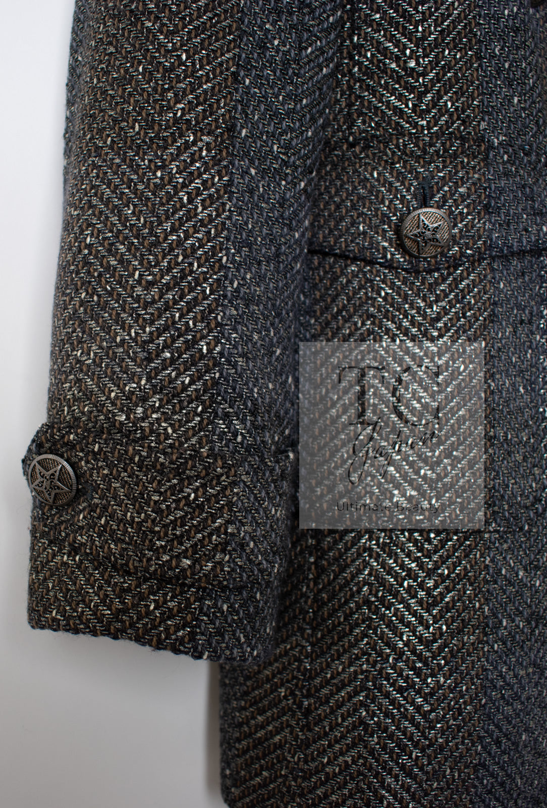 CHANEL 07PF Gray Silver Chevron Double Wool Tweed Jacket Coat 36 38 シャネル グレー シルバー シェブロン ダブル ウール ツイード ジャケット コート 即発