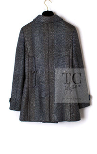 CHANEL 07PF Gray Silver Chevron Double Wool Tweed Jacket Coat 36 38 シャネル グレー シルバー シェブロン ダブル ウール ツイード ジャケット コート 即発