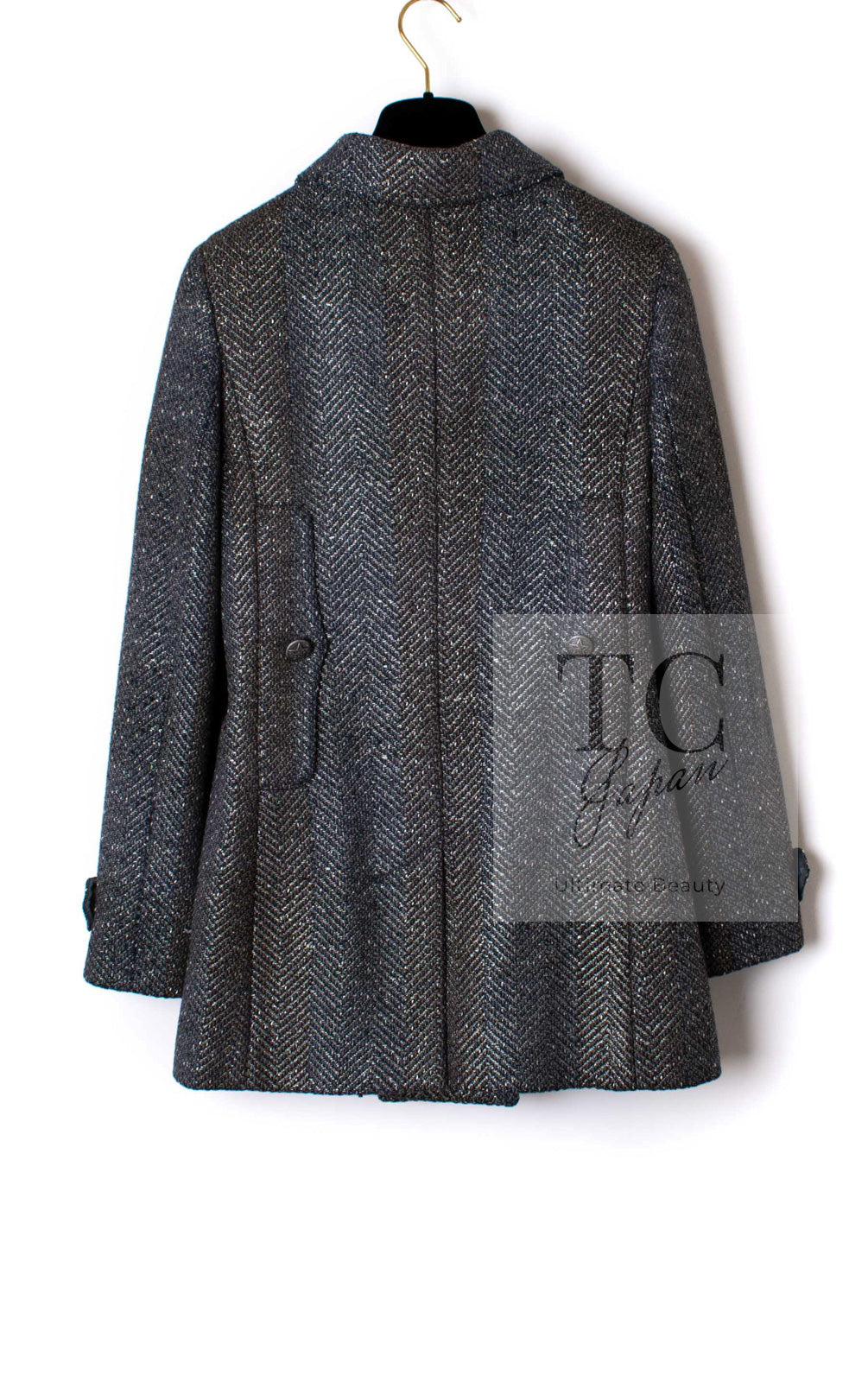 CHANEL 07PF Gray Silver Chevron Double Wool Tweed Jacket Coat 36 38 シャネル グレー シルバー シェブロン ダブル ウール ツイード ジャケット コート 即発