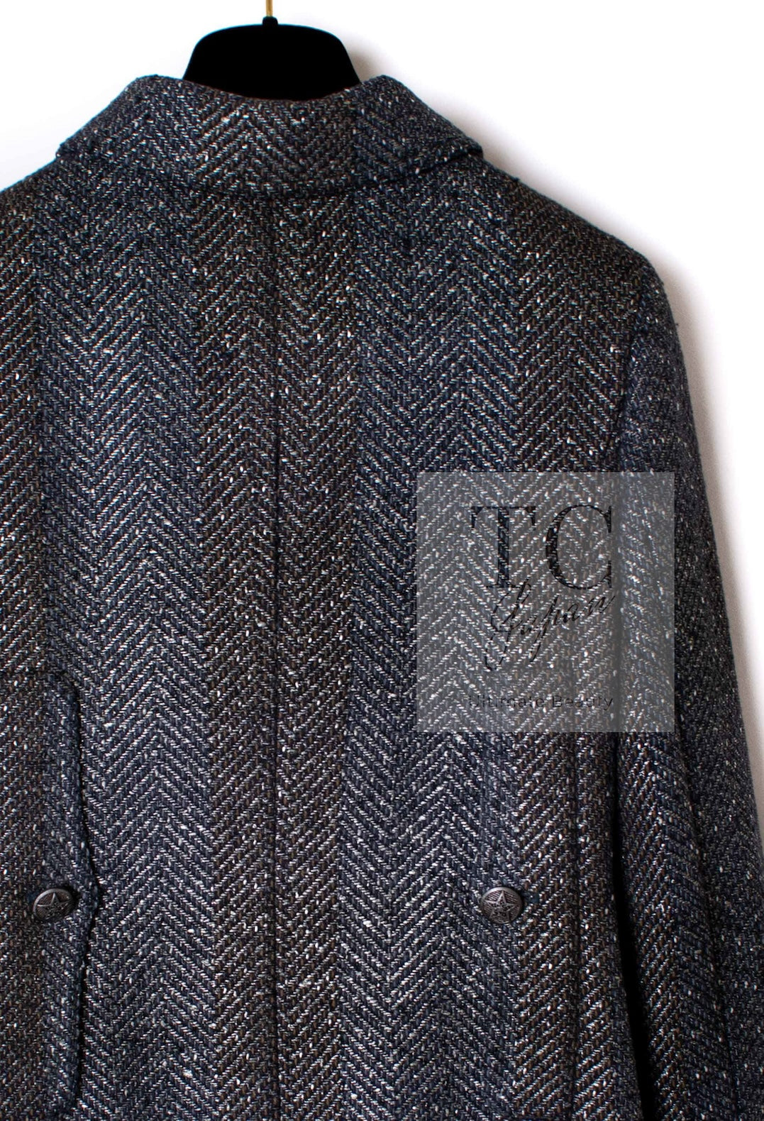 CHANEL 07PF Gray Silver Chevron Double Wool Tweed Jacket Coat 36 38 シャネル グレー シルバー シェブロン ダブル ウール ツイード ジャケット コート 即発