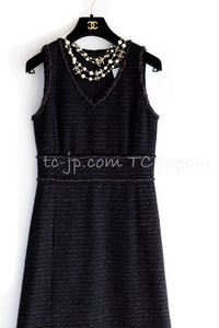 CHANEL 07PF Black Blue Metallic Braid Trim Wool Cashmere Tweed Dress 36 シャネル ブラック ブルー メタリック ブレイドトリム ウール カシミア ツイード ワンピース 即発