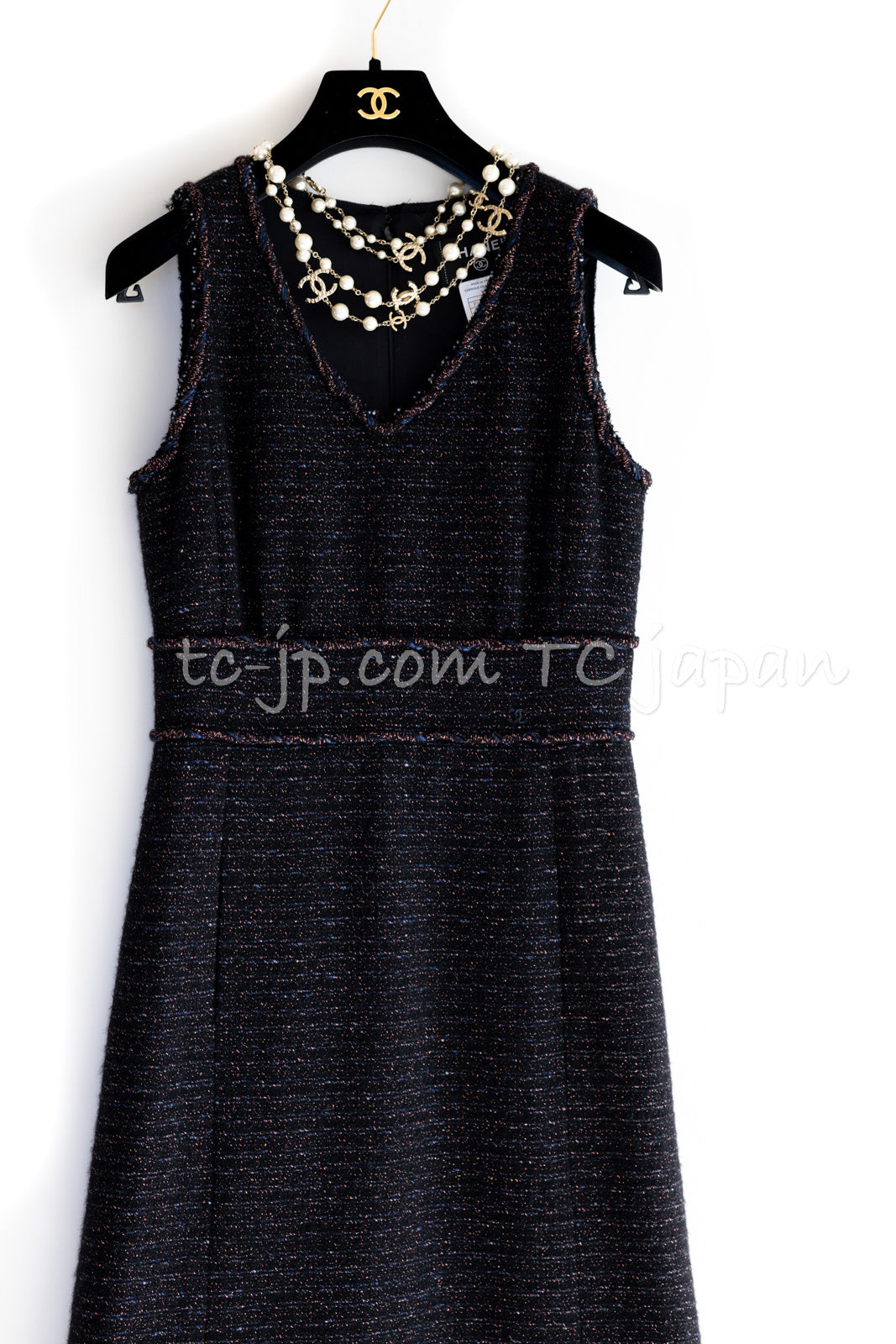 CHANEL 07PF Black Blue Metallic Braid Trim Wool Cashmere Tweed Dress 36 シャネル ブラック ブルー メタリック ブレイドトリム ウール カシミア ツイード ワンピース 即発