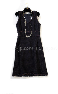 CHANEL 07PF Black Blue Metallic Braid Trim Wool Cashmere Tweed Dress 36 シャネル ブラック ブルー メタリック ブレイドトリム ウール カシミア ツイード ワンピース 即発
