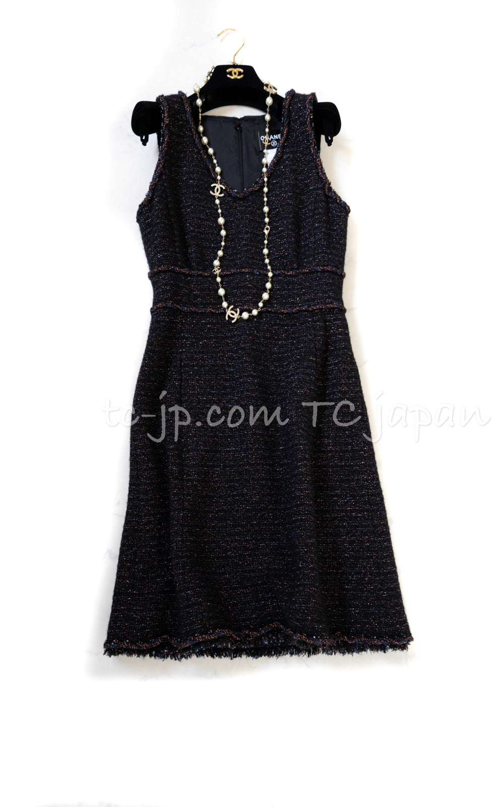 CHANEL 07PF Black Blue Metallic Braid Trim Wool Cashmere Tweed Dress 36 シャネル ブラック ブルー メタリック ブレイドトリム ウール カシミア ツイード ワンピース 即発