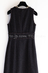CHANEL 07PF Black Blue Metallic Braid Trim Wool Cashmere Tweed Dress 36 シャネル ブラック ブルー メタリック ブレイドトリム ウール カシミア ツイード ワンピース 即発