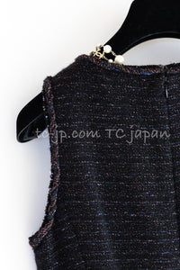 CHANEL 07PF Black Blue Metallic Braid Trim Wool Cashmere Tweed Dress 36 シャネル ブラック ブルー メタリック ブレイドトリム ウール カシミア ツイード ワンピース 即発