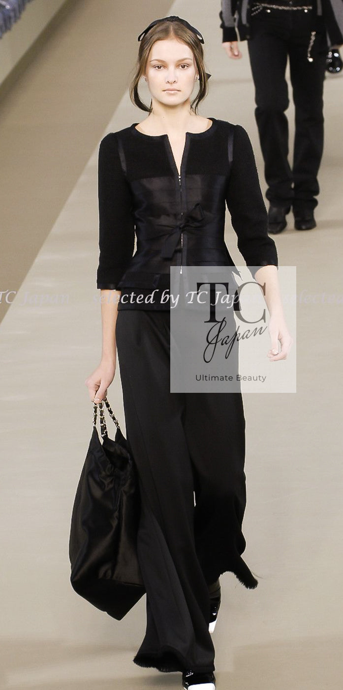 CHANEL 06A Black Wool Silk Ribbon Collarless Jacket Audrey Hepburn 38 シャネル ブラック ウール シルク リボン ノーカラー ジャケット オードリー ヘップバーン 即発