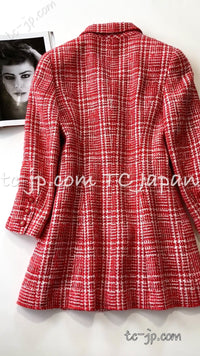 CHANEL 97S Vintage Red White Checked Wool Mohair Tweed Coat Jacket 36 38 シャネル ヴィンテージ レッド ホワイト ウール プードル モヘア ツイード コート ジャケット 即発