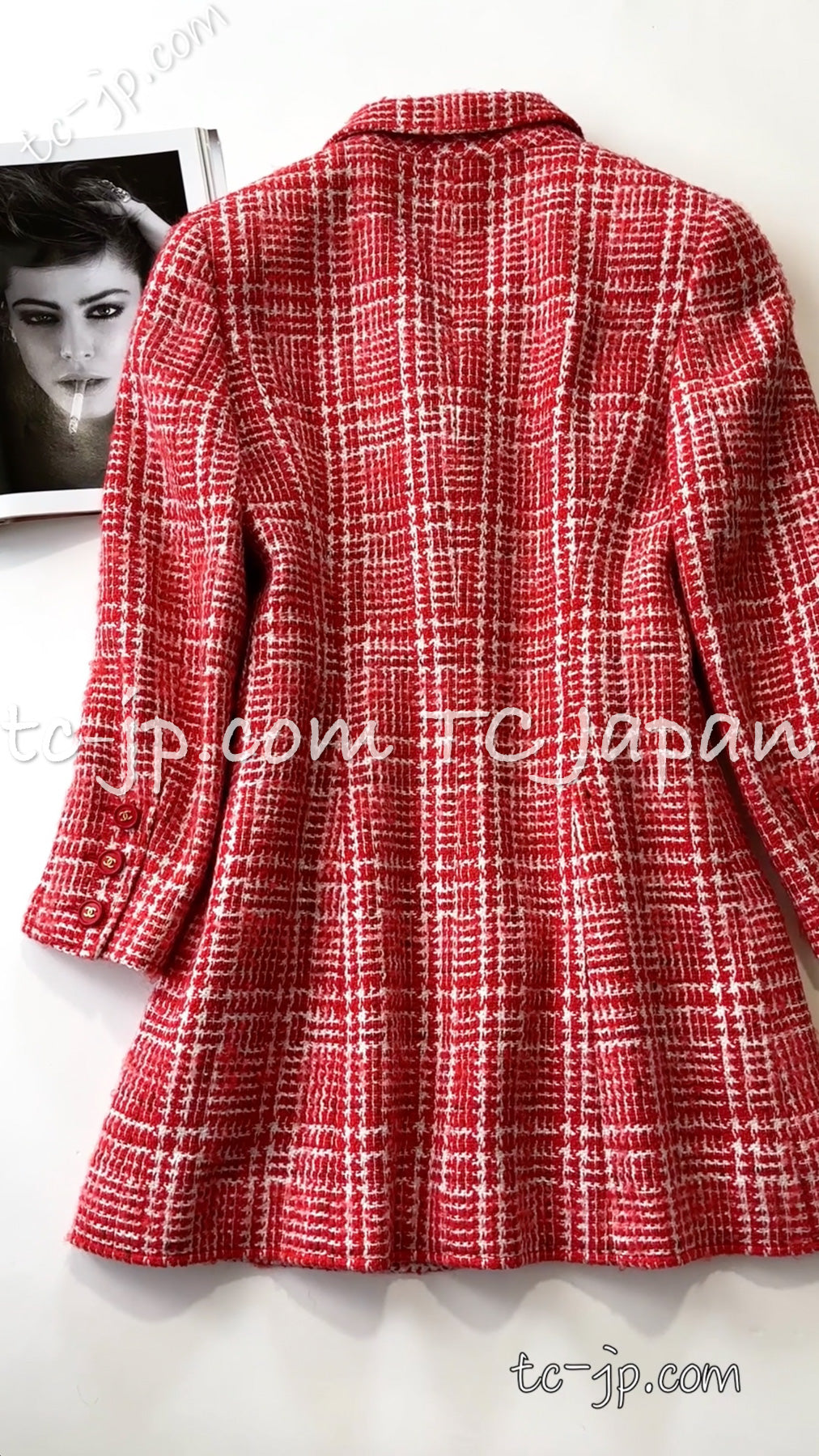 CHANEL 97S Vintage Red White Checked Wool Mohair Tweed Coat Jacket 36 38 シャネル ヴィンテージ レッド ホワイト ウール プードル モヘア ツイード コート ジャケット 即発