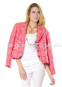 CHANEL 97S Vintage Red White Checked Wool Mohair Tweed Coat Jacket 36 38 シャネル ヴィンテージ レッド ホワイト ウール プードル モヘア ツイード コート ジャケット 即発