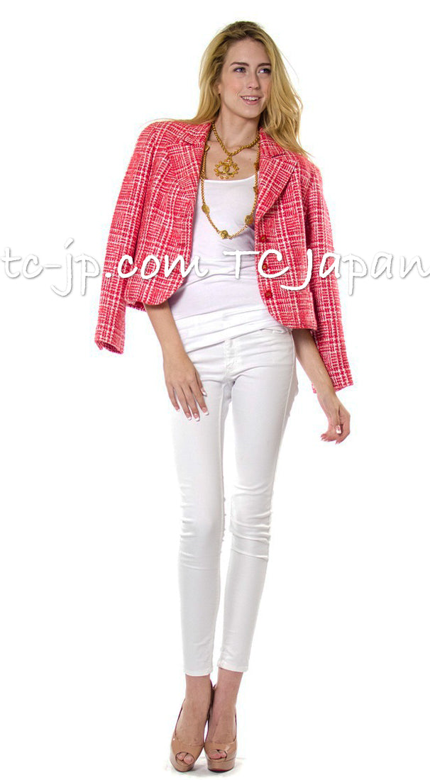 CHANEL 97S Vintage Red White Checked Wool Mohair Tweed Coat Jacket 36 38 シャネル ヴィンテージ レッド ホワイト ウール プードル モヘア ツイード コート ジャケット 即発